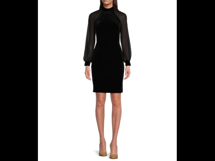 calvin-klein-womens-chiffon-sheer-sleeve-velvet-dress-black-size-7