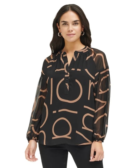 calvin-klein-womens-logo-print-sheer-sleeve-blouse-black-cafe-ole-size-xs-1
