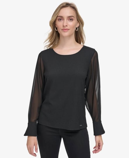 calvin-klein-womens-sheer-sleeve-crewneck-blouse-black-size-l-1