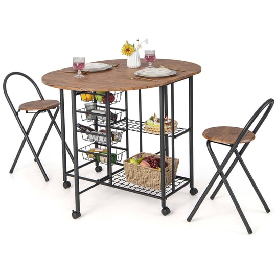 costway-3-pcs-folding-dining-table-chair-set-collapsible-drop-leaf-table-for-kitchen-brown-1