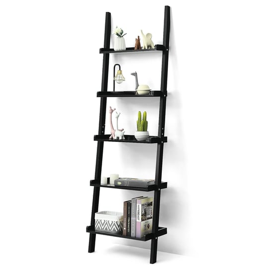 costway-ladder-shelf-5-tier-plant-stand-wall-leaning-bookcase-display-black-1