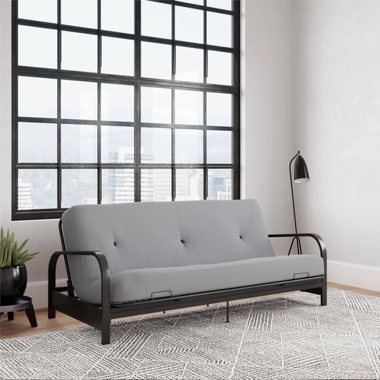 dhp-cleo-black-metal-arm-full-size-futon-frame-with-6-herringbone-mattress-1