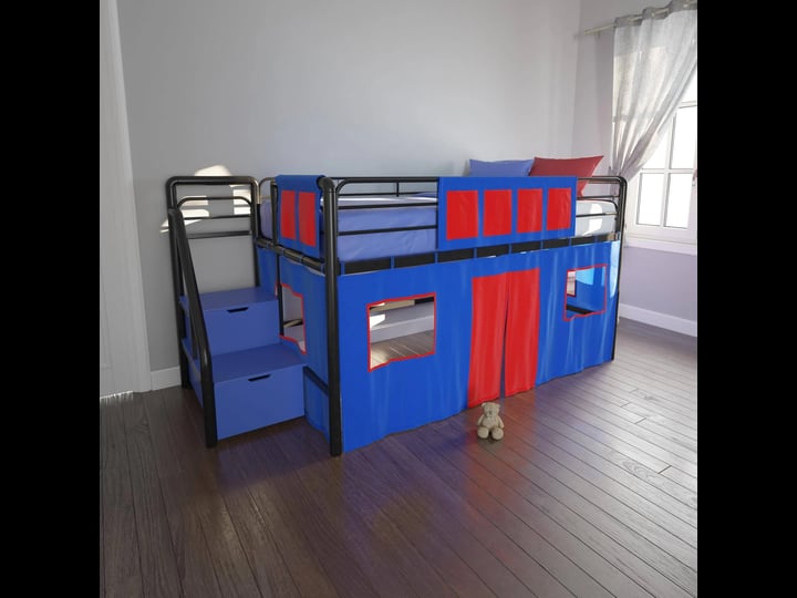 dhp-sol-junior-twin-metal-loft-bed-with-storage-steps-and-blue-curtain-set-black-1