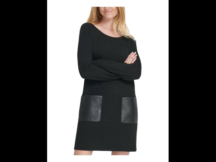 dkny-womens-black-pocketed-long-sleeve-jewel-neck-short-shift-dress-size-xs-1