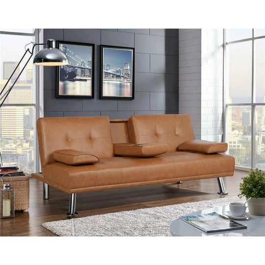 easyfashion-luxurygoods-modern-faux-leather-futon-with-cupholders-and-pillows-brown-1