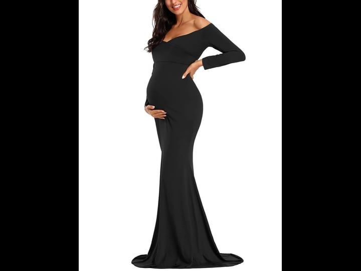 ecavus-womens-off-shoulder-maternity-dress-slim-cross-front-v-neck-long-sleeve-gowns-for-photoshoot-1