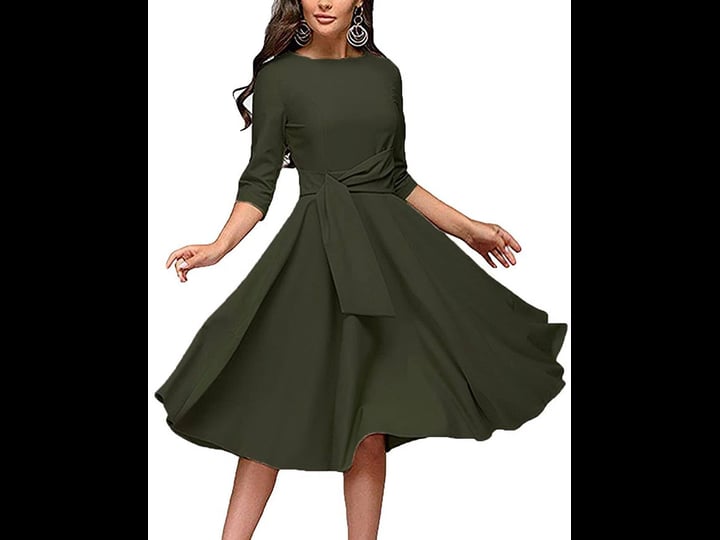 fenjar-womens-elegance-audrey-hepburn-style-ruched-3-4-sleeve-casual-swing-a-line-dress-1