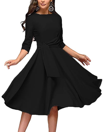 fenjar-womens-elegance-audrey-hepburn-style-ruched-3-4-sleeve-midi-a-line-dress-black-medium-1
