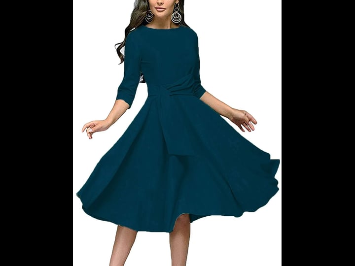 fenjar-womens-elegance-audrey-hepburn-style-ruched-dress-round-neck-3-4-sleeve-swing-midi-a-line-dre-1