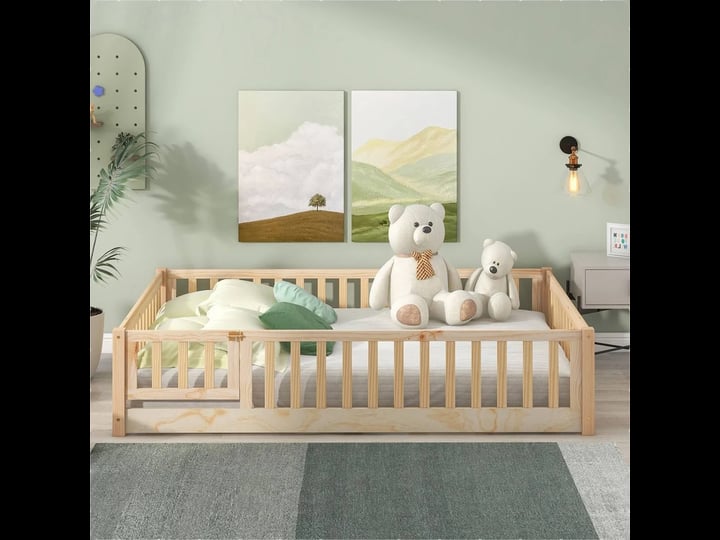 full-size-floor-platform-bed-with-fence-and-door-for-kids-toddlers-size-l-79-5x-w-57-x-17-5-natural-1