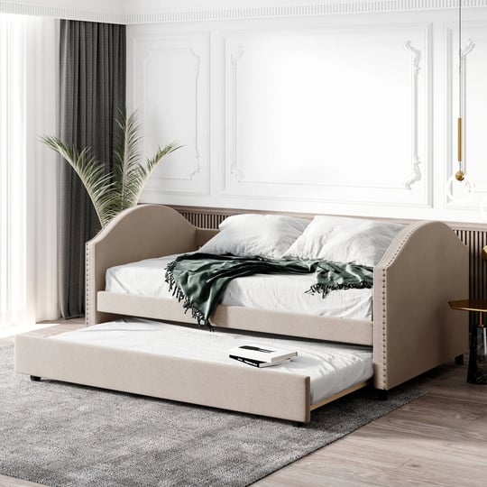 full-size-upholstered-daybed-sofa-bed-with-twin-size-trundle-wood-slat-support-beige-1