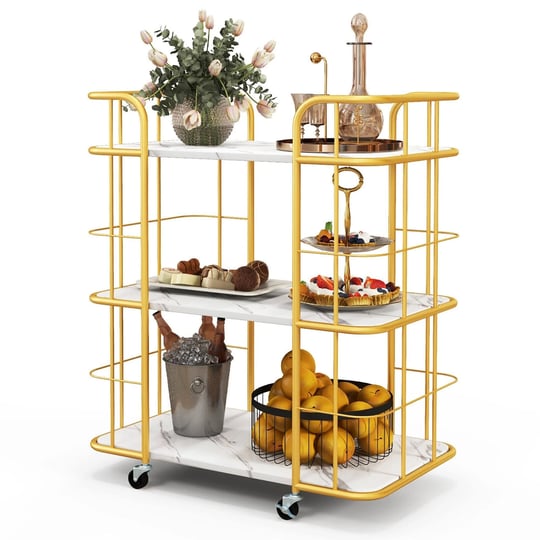 gymax-3-tier-kitchen-storage-utility-cart-gold-rolling-bar-serving-marble-gold-kitchen-cart-1