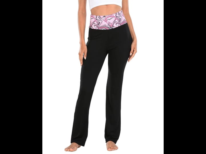 hde-womens-color-block-fold-over-waist-yoga-pants-flare-leg-workout-leggings-pink-marble-black-s-siz-1