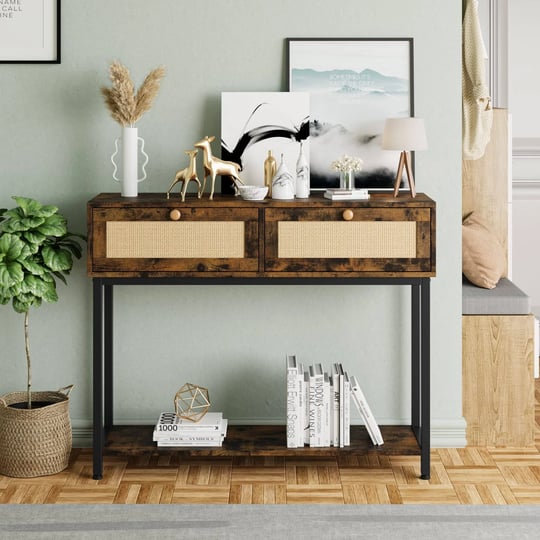 homhougo-rattan-console-table-with-2-drawers-industrial-sofa-table-entryway-table-with-storage-shelf-1