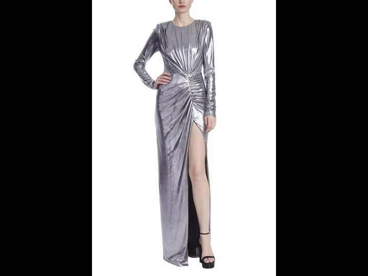 jewel-badgley-mischka-metallic-rouched-gown-with-high-slit-size-4-in-silver-1