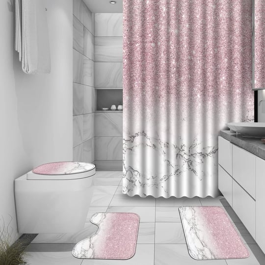 juwute-4pcs-set-shower-curtain-marble-pink-shiny-no-glitter-bathroom-decor-set-with-12-hooks-toilet--1