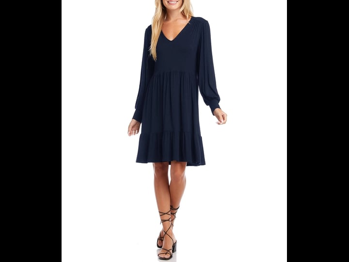 karen-kane-petite-size-knit-v-neck-long-blouson-sleeve-tiered-shift-dress-womens-pxl-navy-1