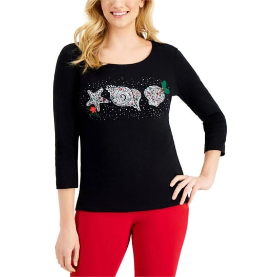 karen-scott-womens-3-4-sleeve-christmas-sparkle-knit-top-medium-deep-black-rhinestone-seashells-1