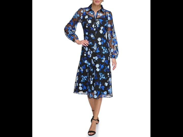 kensie-embroidered-button-down-collar-neckline-long-sleeve-shirt-dress-womens-2-black-multi-1