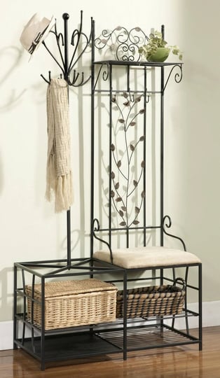 kings-brand-black-finish-metal-hallway-storage-bench-with-coat-rack-umbrella-holder-1