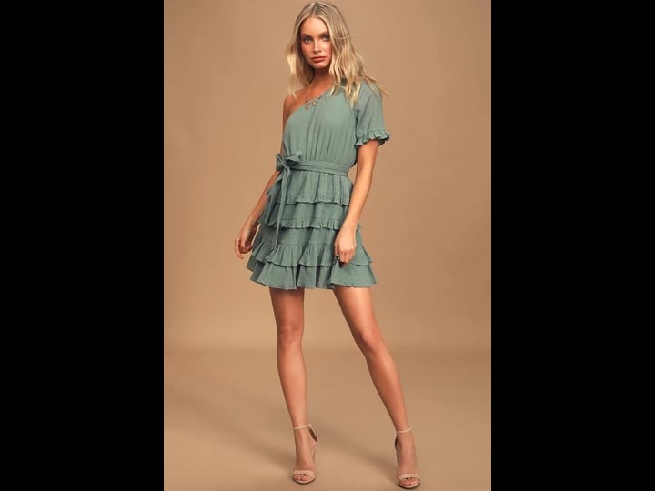 lulus-all-the-love-sage-green-one-shoulder-tiered-ruffled-mini-dress-size-large-100-cotton-1