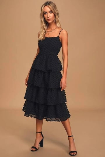 lulus-flirting-with-you-black-tiered-pom-pom-midi-dress-size-medium-100-cotton-1