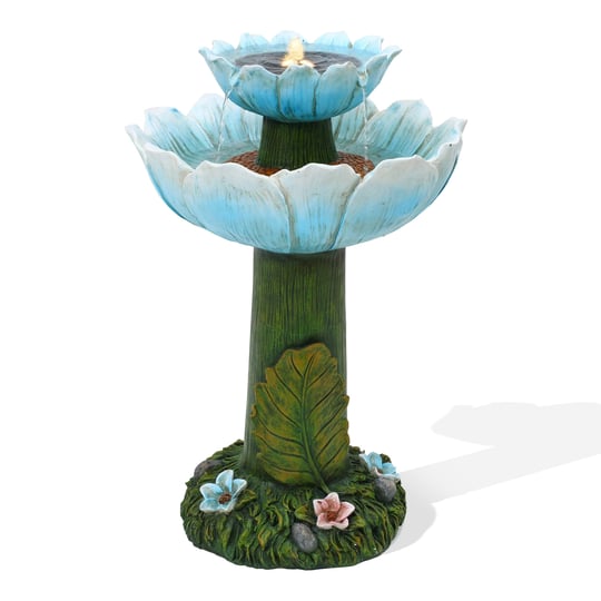 luxenhome-solar-powered-blue-flower-2-tier-resin-birdbath-fountain-with-lights-whf1954-1