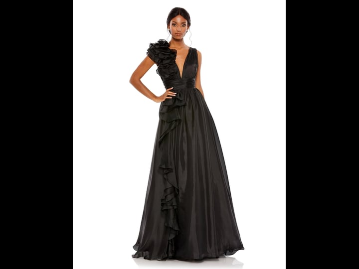 mac-duggal-ruffle-shoulder-v-neck-chiffon-gown-in-black-size-5