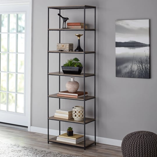 mainstays-71-6-shelf-metal-frame-bookcase-rustic-brown-1
