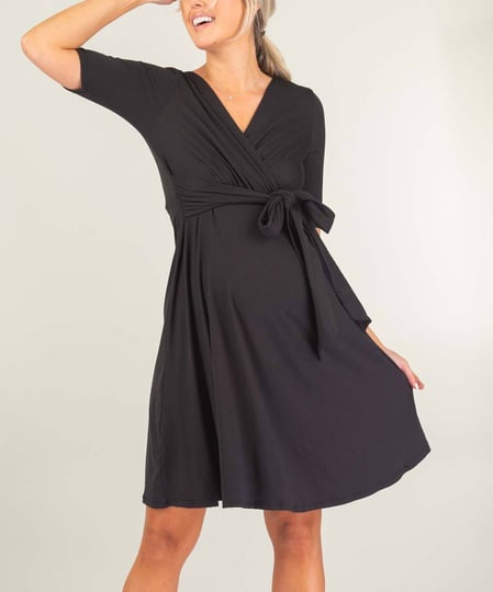 mother-bee-maternity-knee-length-wrap-dress-with-adjustable-belt-womens-size-large-black-1