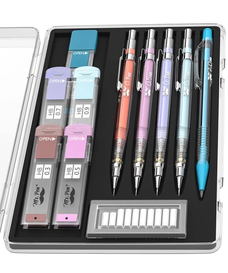 mr-pen-pastel-mechanical-pencil-set-with-black-lead-and-eraser-refills-clear-barrel-0-3-0-5-0-7-0-9--1