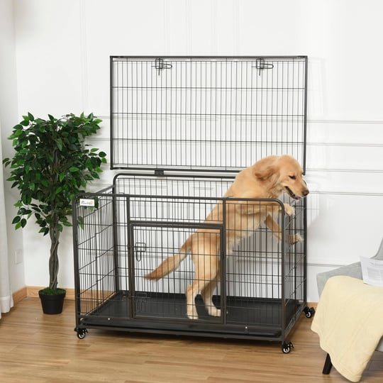 pawhut-heavy-duty-folding-design-metal-dog-crate-kennel-with-removable-tray-4-locking-wheels-49-25-l-1