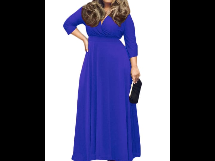 poseshe-womens-solid-v-neck-3-4-sleeve-plus-size-evening-party-maxi-dress-1