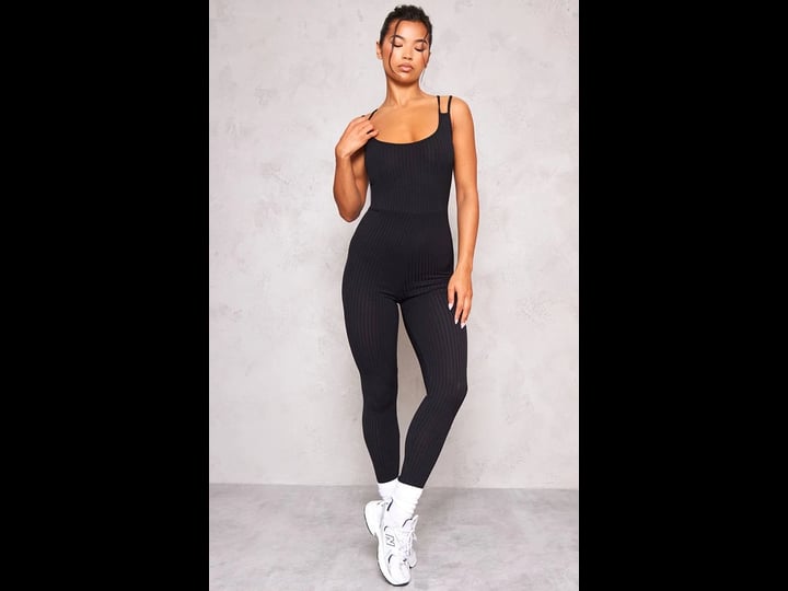 prettylittlething-womens-black-rib-double-strap-jumpsuit-size-7