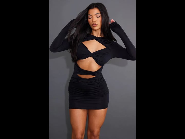 prettylittlething-womens-black-slinky-twist-cut-out-long-sleeve-bodycon-dress-size-7