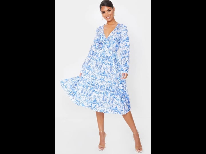 prettylittlething-womens-blue-porcelain-print-long-sleeve-pleated-midi-dress-size-5