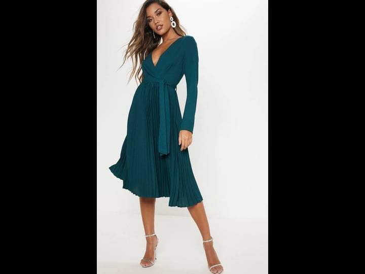 prettylittlething-womens-emerald-green-long-sleeve-pleated-midi-dress-size-11