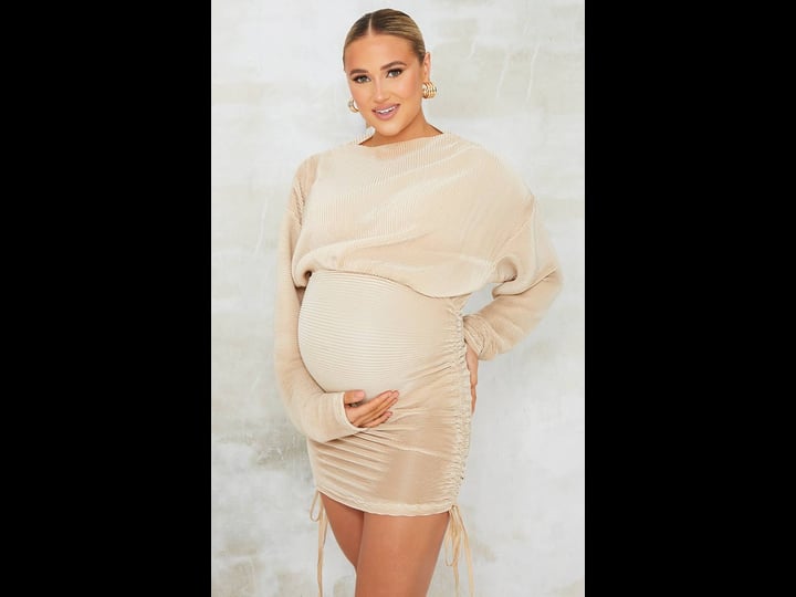 prettylittlething-womens-maternity-stone-plisse-bodycon-mini-dress-size-5