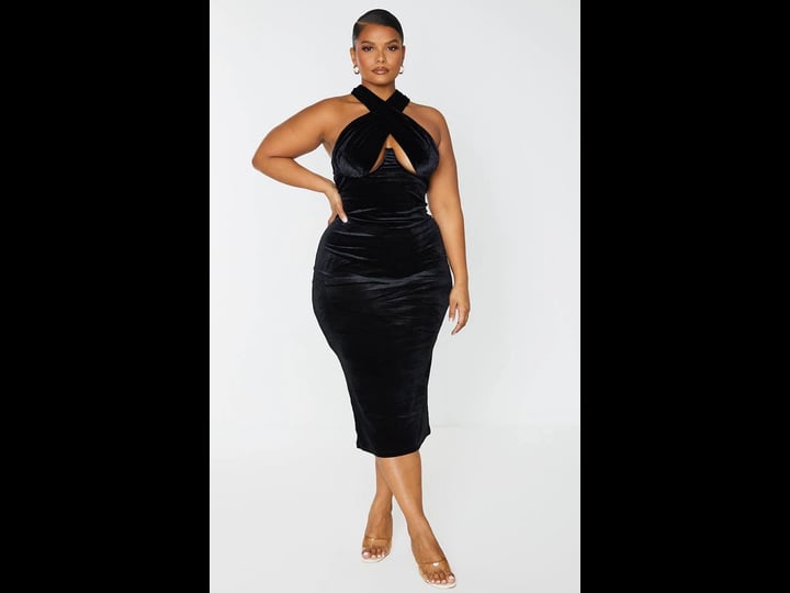 prettylittlething-womens-plus-black-velvet-underwired-cross-front-midi-dress-size-27