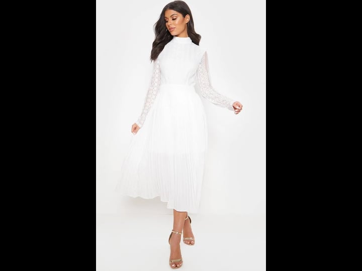 prettylittlething-womens-white-lace-top-pleated-midi-dress-size-5