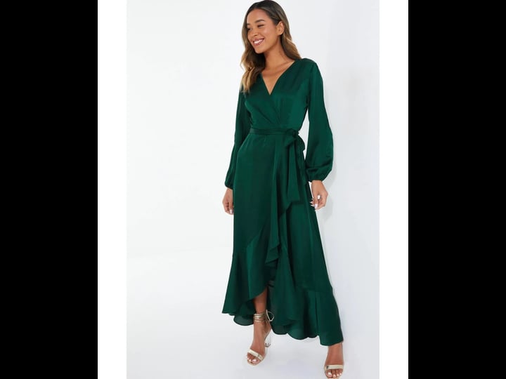 quiz-womens-satin-wrap-long-sleeve-frill-maxi-dress-green-1