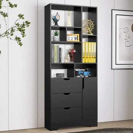 sejov-71-inch-black-bookshelf-with-door-and-3-drawers-8-cube-bookcase4-shelf-wood-bookshelf-tall-sty-1
