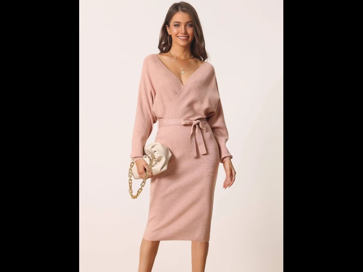 seta-t-womens-deep-v-neck-wrap-lantern-sleeve-belted-bodycon-mini-sweater-dress-pink-m-1