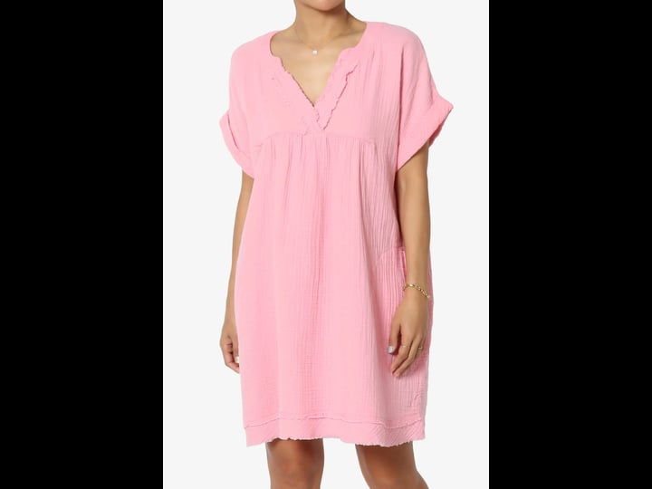 themogan-womens-casual-loose-short-sleeve-v-neck-cotton-gauze-babydoll-shift-mini-dress-dark-pink-s--1