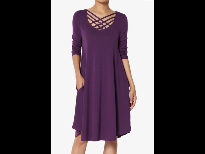 themogan-womens-strappy-scoop-neck-3-4-sleeve-flowy-swing-pocket-t-shirt-dress-dark-purple-m-size-me-1