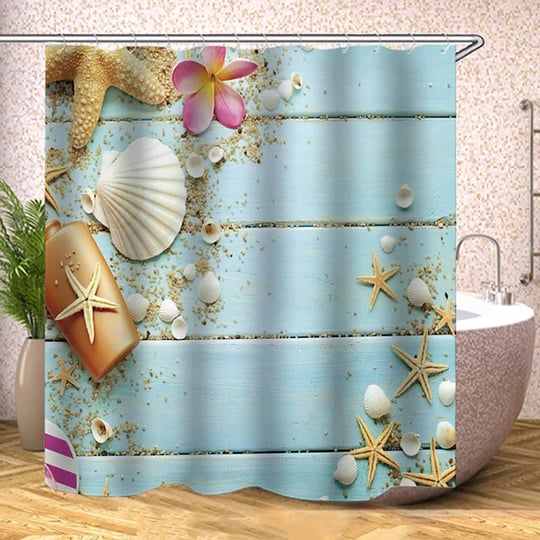 tjz-home-seashell-shower-curtain-set-sea-shells-starfish-on-teal-wooden-board-beach-bath-shower-curt-1