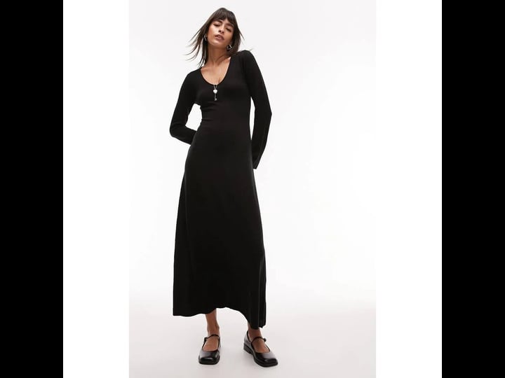 topshop-knit-v-neck-flute-sleeve-maxi-dress-in-black-1