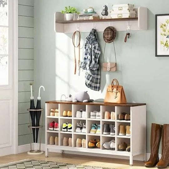 tribesigns-coat-rack-shoe-bench-set-hall-tree-with-bench-and-18-shoe-cubbies-white-shoe-rack-bench-w-1