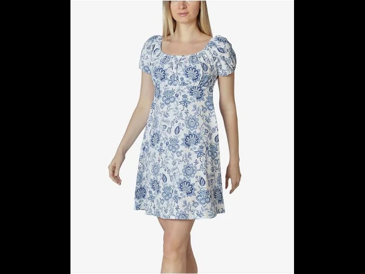 ultra-flirt-womens-blue-stretch-ruched-pullover-styling-floral-short-sleeve-scoop-neck-short-baby-do-1