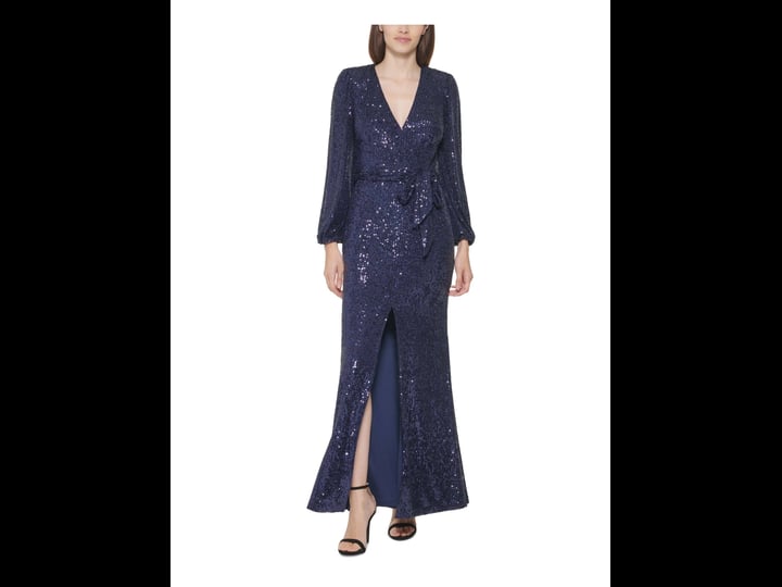 vince-camuto-womens-navy-sequined-zippered-shoulder-pads-blouson-sleeve-v-neck-full-length-evening-g-1